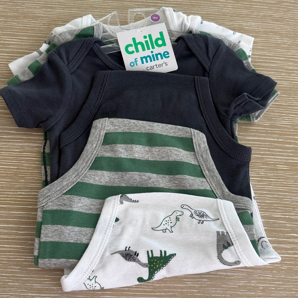 Carter's Child of Mine Baby Boy Dinosaur Bodysuit Trio - Green/White/Navy 12M - Picture 2 of 14